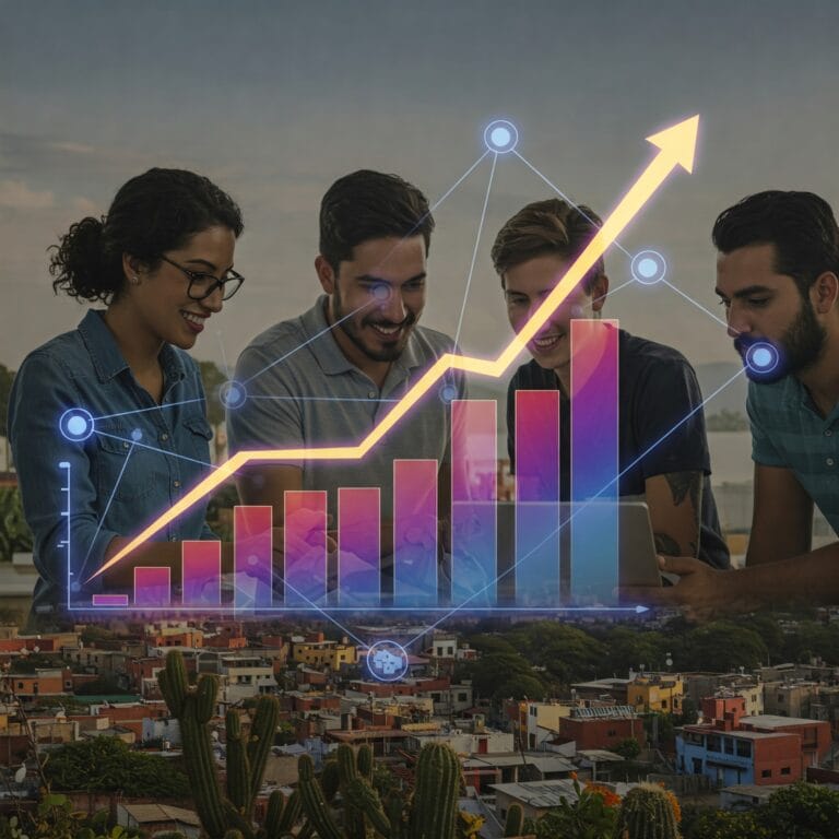 Imagen de portada horizontal con un gráfico de crecimiento abstracto y luminoso sobre un paisaje mexicano urbano, con un equipo colaborando en una estrategia digital utilizando una tableta. El gráfico muestra una tendencia ascendente, simbolizando el éxito, mientras que la red de conexiones digitales se extiende sobre el paisaje, representando la conectividad global.