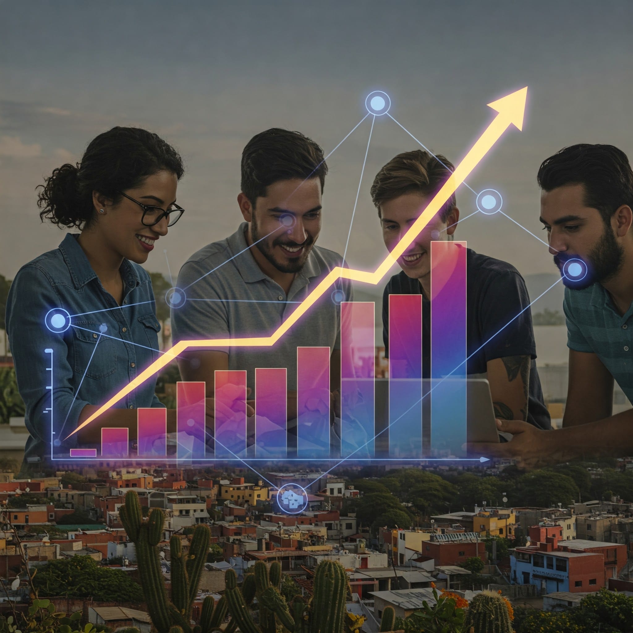 Imagen de portada horizontal con un gráfico de crecimiento abstracto y luminoso sobre un paisaje mexicano urbano, con un equipo colaborando en una estrategia digital utilizando una tableta. El gráfico muestra una tendencia ascendente, simbolizando el éxito, mientras que la red de conexiones digitales se extiende sobre el paisaje, representando la conectividad global.