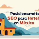 Portada del artículo 'Posicionamiento SEO para Hoteles en México 2025', con un hotel boutique mexicano, íconos de Google Maps y marketing digital, y colores vibrantes.