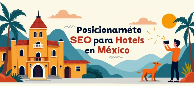 Portada del artículo 'Posicionamiento SEO para Hoteles en México 2025', con un hotel boutique mexicano, íconos de Google Maps y marketing digital, y colores vibrantes.
