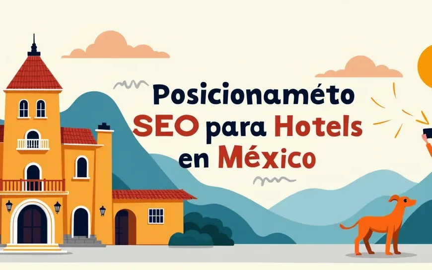 Portada del artículo 'Posicionamiento SEO para Hoteles en México 2025', con un hotel boutique mexicano, íconos de Google Maps y marketing digital, y colores vibrantes.