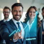 Grupo de abogados sonrientes en oficina moderna viendo gráfico ascendente de visibilidad online gracias al SEO.