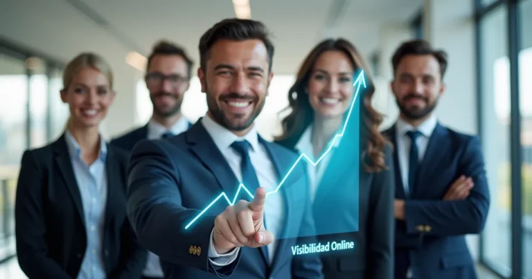 Grupo de abogados sonrientes en oficina moderna viendo gráfico ascendente de visibilidad online gracias al SEO.