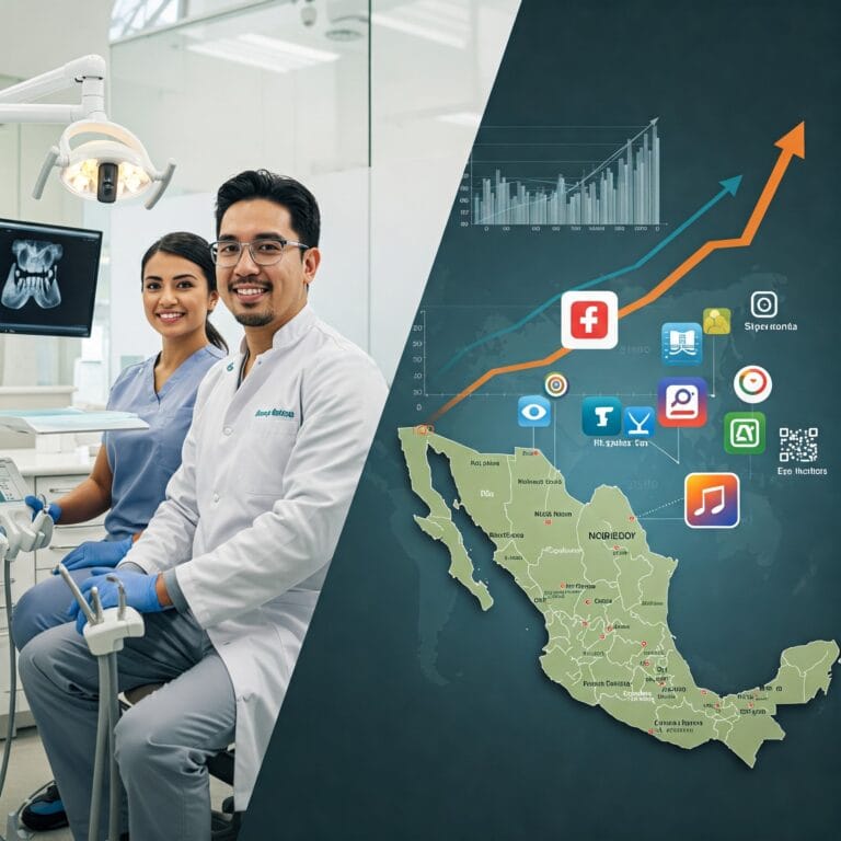 Collage horizontal que muestra un equipo dental moderno y el crecimiento digital en México.