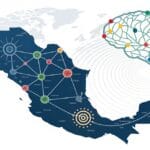 Cerebro digital conectado a un mapa de México, simbolizando cómo el SEO y la IA conectan negocios y marcas en el país.