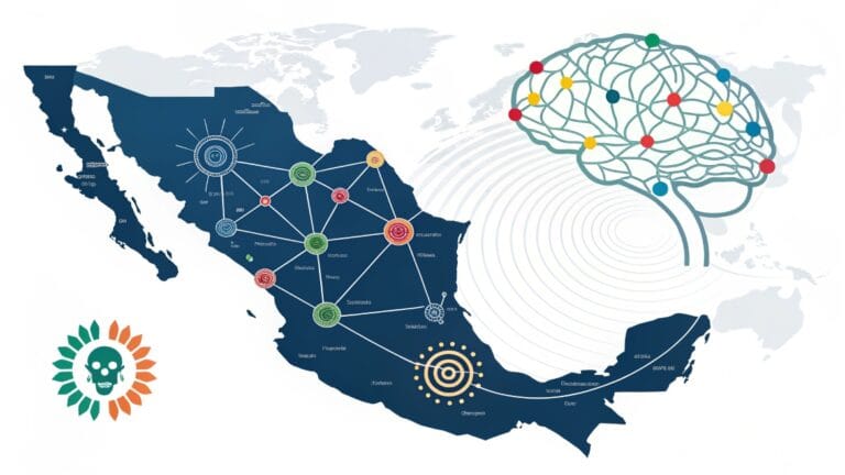 Cerebro digital conectado a un mapa de México, simbolizando cómo el SEO y la IA conectan negocios y marcas en el país.