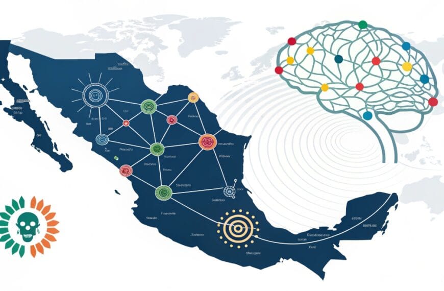 Cerebro digital conectado a un mapa de México, simbolizando cómo el SEO y la IA conectan negocios y marcas en el país.