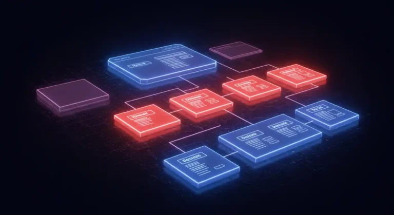 Un plano arquitectónico digital (blueprint) que muestra la estructura jerárquica de un sitio web, desde la home hasta las páginas de detalle.