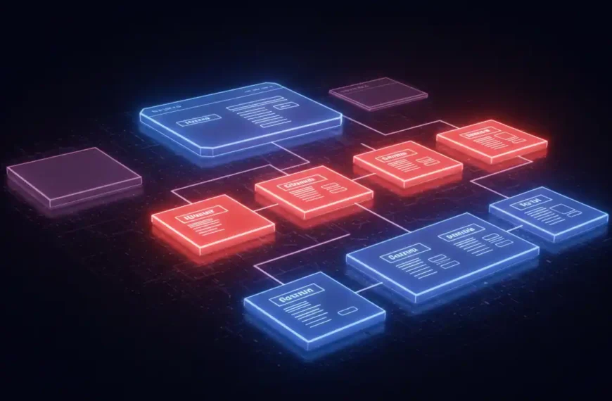 Un plano arquitectónico digital (blueprint) que muestra la estructura jerárquica de un sitio web, desde la home hasta las páginas de detalle.