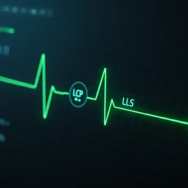 Un dashboard que simula un monitor de salud (EKG) con un ritmo cardíaco verde, rápido y estable, representando unos Core Web Vitals saludables.
