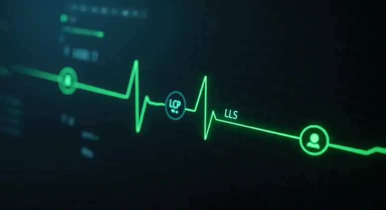 Un dashboard que simula un monitor de salud (EKG) con un ritmo cardíaco verde, rápido y estable, representando unos Core Web Vitals saludables.
