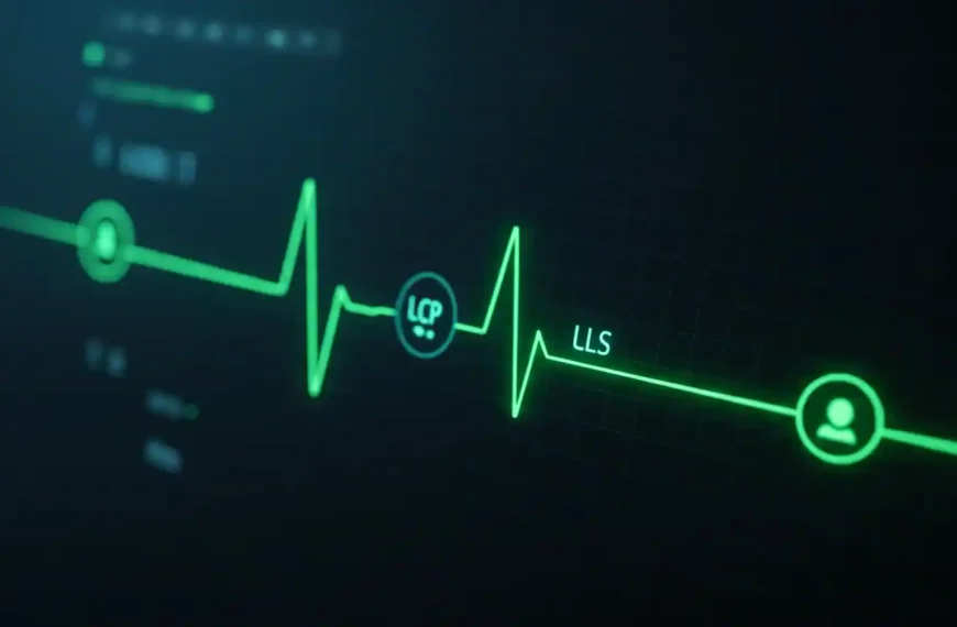 Un dashboard que simula un monitor de salud (EKG) con un ritmo cardíaco verde, rápido y estable, representando unos Core Web Vitals saludables.