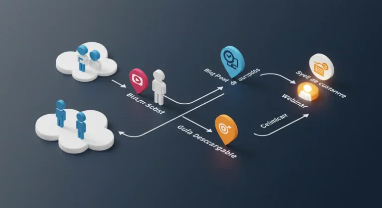 Un mapa estratégico que muestra un camino claro desde un punto de partida (tráfico) hasta un destino final (cliente), guiado por hitos de contenido.