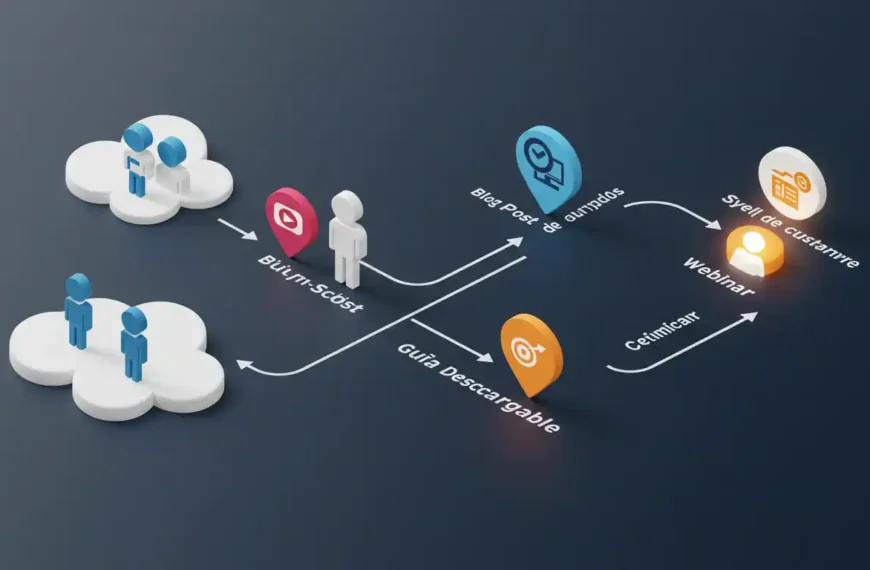Un mapa estratégico que muestra un camino claro desde un punto de partida (tráfico) hasta un destino final (cliente), guiado por hitos de contenido.