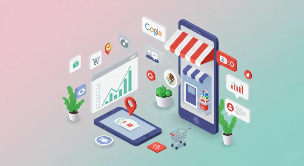 Estrategias SEO para e-commerce en México 2025 - Ilustración con tienda online y gráficos de crecimiento
