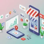 Estrategias SEO para e-commerce en México 2025 - Ilustración con tienda online y gráficos de crecimiento