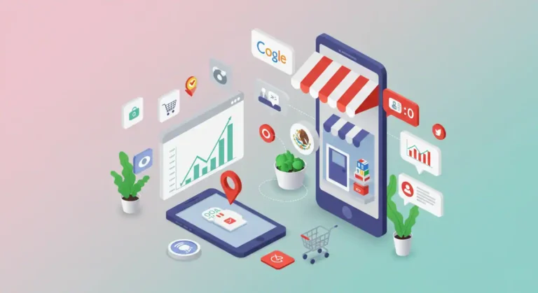 Estrategias SEO para e-commerce en México 2025 - Ilustración con tienda online y gráficos de crecimiento