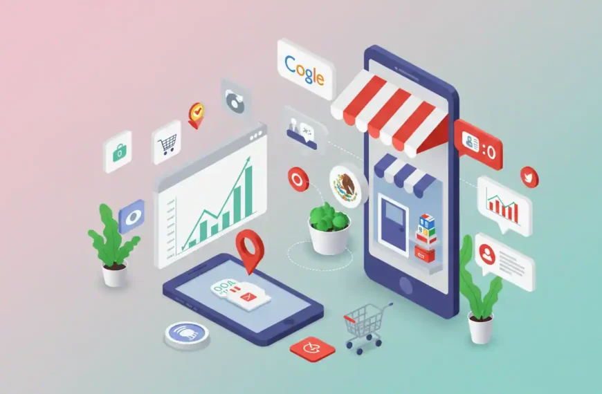 Estrategias SEO para e-commerce en México 2025 - Ilustración con tienda online y gráficos de crecimiento