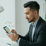 Empresario revisando resultados de SEO local en smartphone con ubicaciones