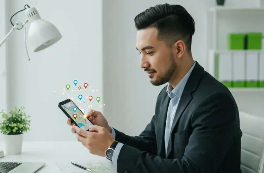 Empresario revisando resultados de SEO local en smartphone con ubicaciones