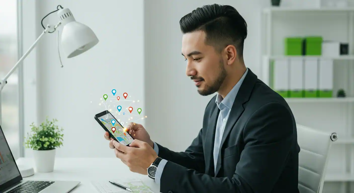 Empresario revisando resultados de SEO local en smartphone con ubicaciones geográficas