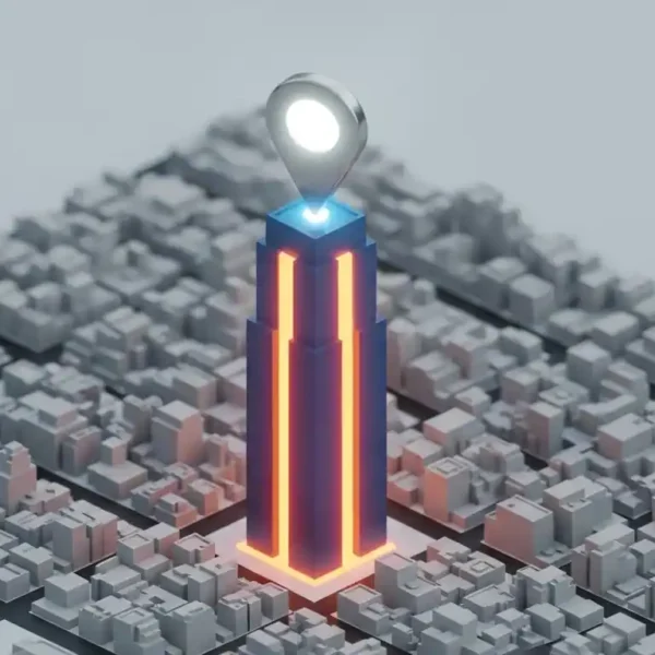 Un mapa digital de una ciudad donde un negocio se eleva como un edificio 3D luminoso, destacando sobre el resto y simbolizando el dominio del SEO Local.