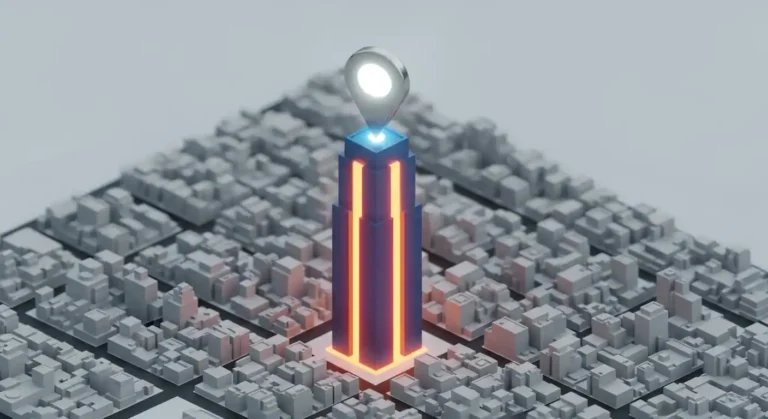 Un mapa digital de una ciudad donde un negocio se eleva como un edificio 3D luminoso, destacando sobre el resto y simbolizando el dominio del SEO Local.