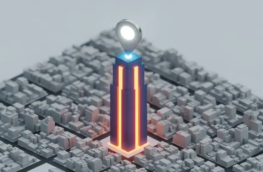 Un mapa digital de una ciudad donde un negocio se eleva como un edificio 3D luminoso, destacando sobre el resto y simbolizando el dominio del SEO Local.