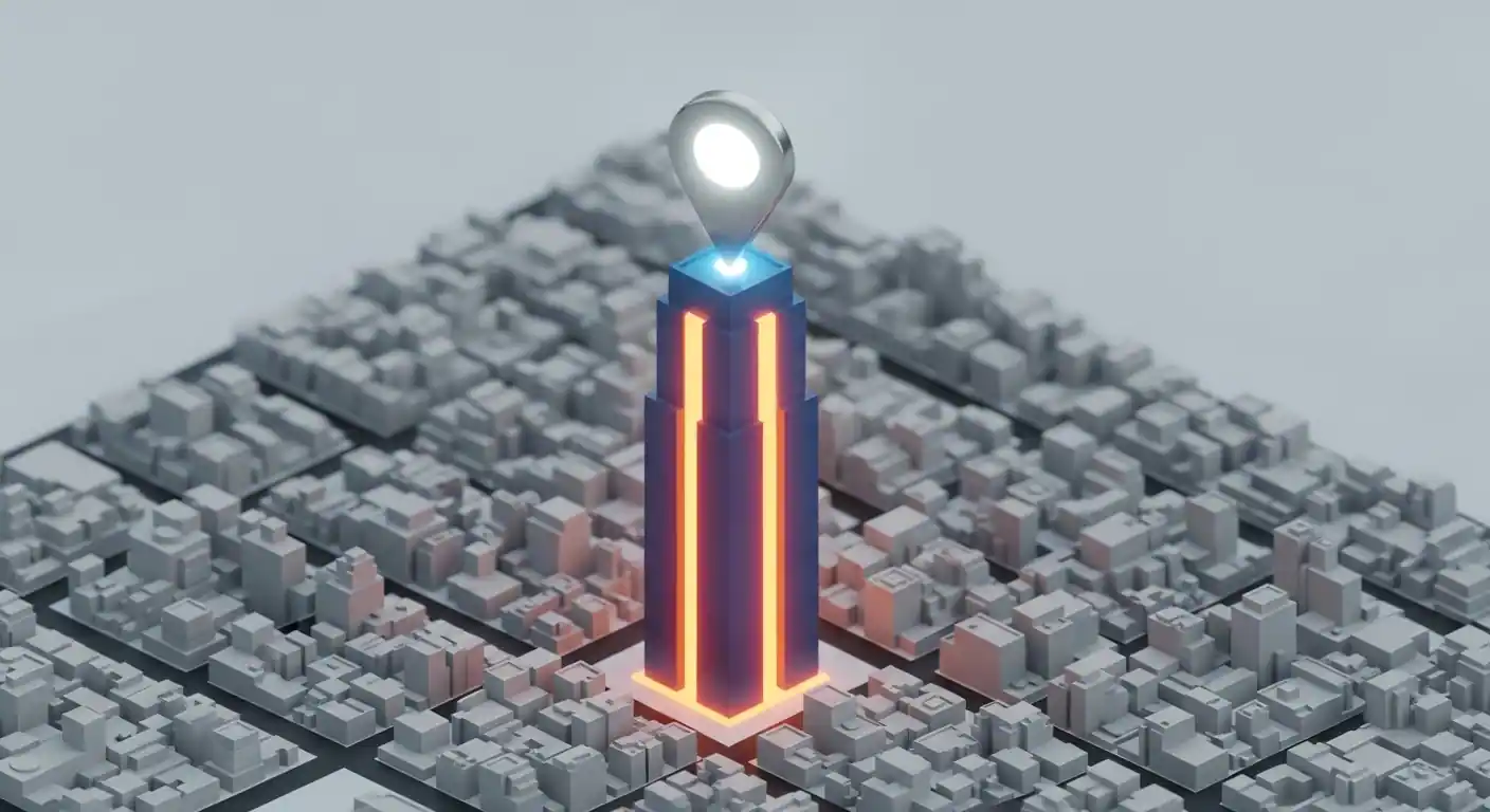 Un mapa digital de una ciudad donde un negocio se eleva como un edificio 3D luminoso, destacando sobre el resto y simbolizando el dominio del SEO Local.