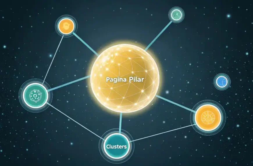 Un orbe central brillante (Página Pilar) conectado por líneas de energía a orbes más pequeños (Clusters), formando una red de conocimiento.