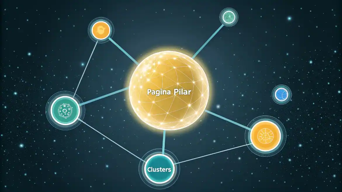 Un orbe central brillante (Página Pilar) conectado por líneas de energía a orbes más pequeños (Clusters), formando una red de conocimiento.