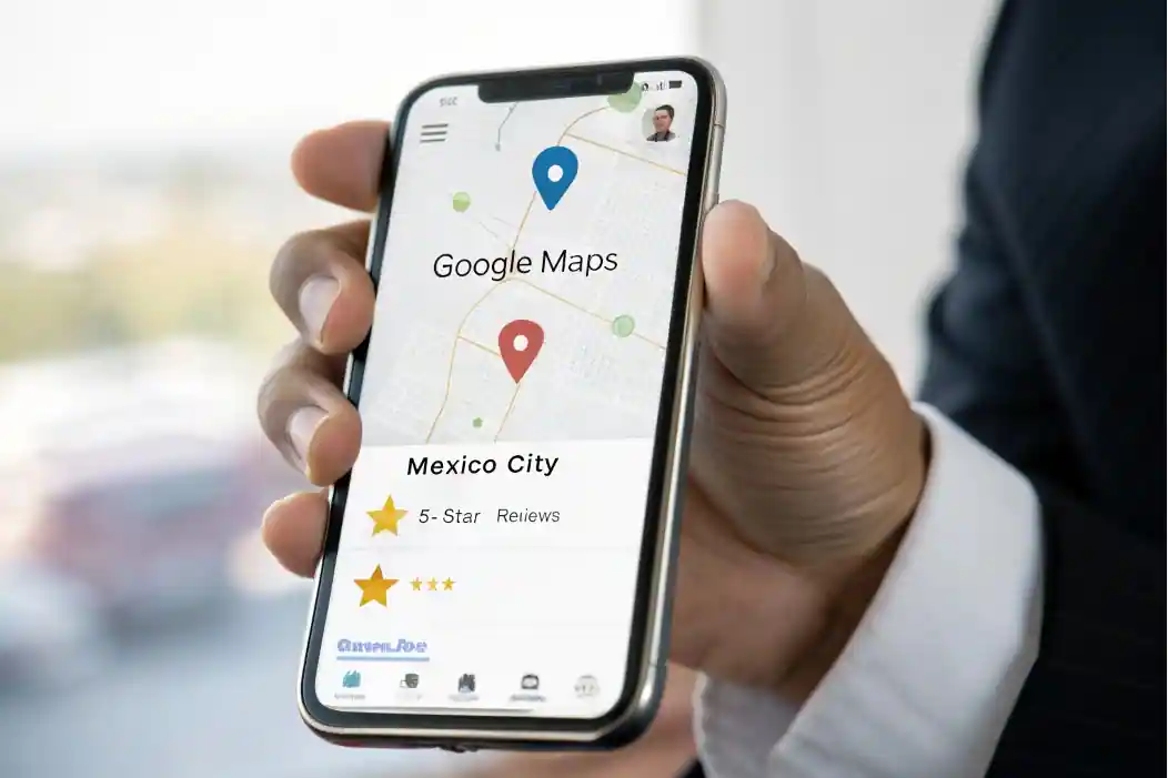 Smartphone mostrando resultados de Google Maps con perfil de abogado destacado