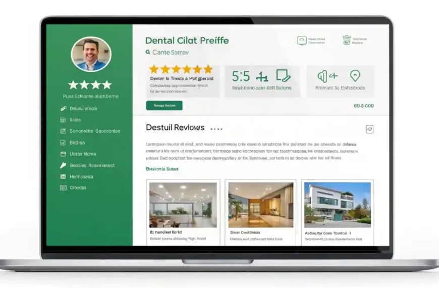 Pantalla de Google Business Profile mostrando un consultorio dental optimizado con fotos, reseñas 5 estrellas y ubicación en Google Maps