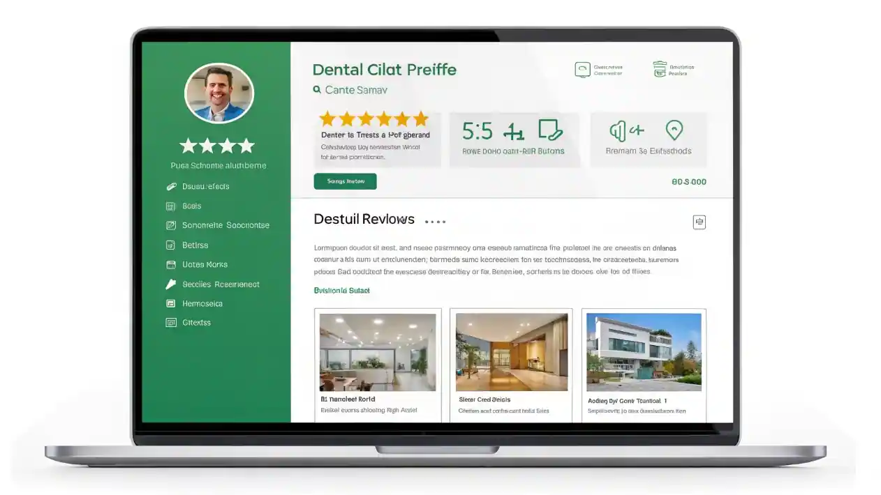 Pantalla de Google Business Profile mostrando un consultorio dental optimizado con fotos, reseñas 5 estrellas y ubicación en Google Maps