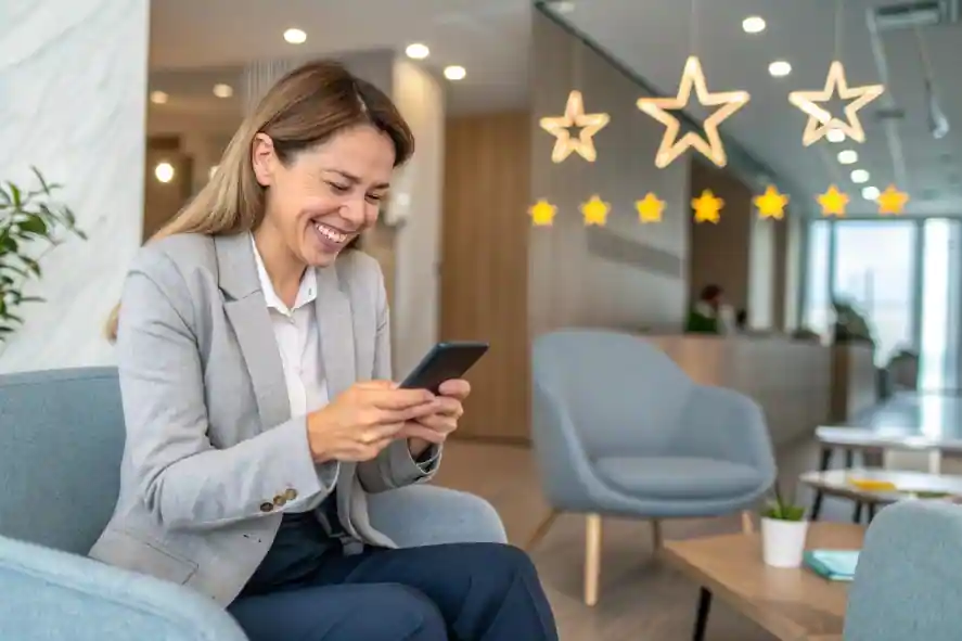 Cliente satisfecha dejando reseña positiva después de consulta legal