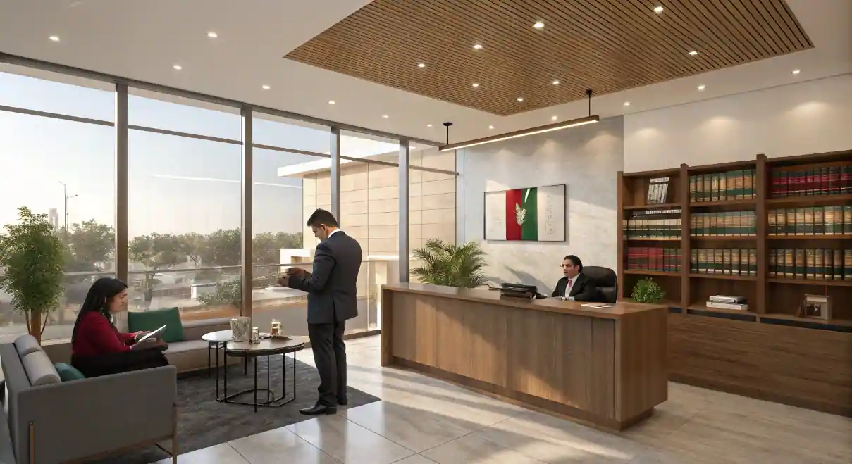 Abogado profesional consultando con cliente en oficina moderna en México