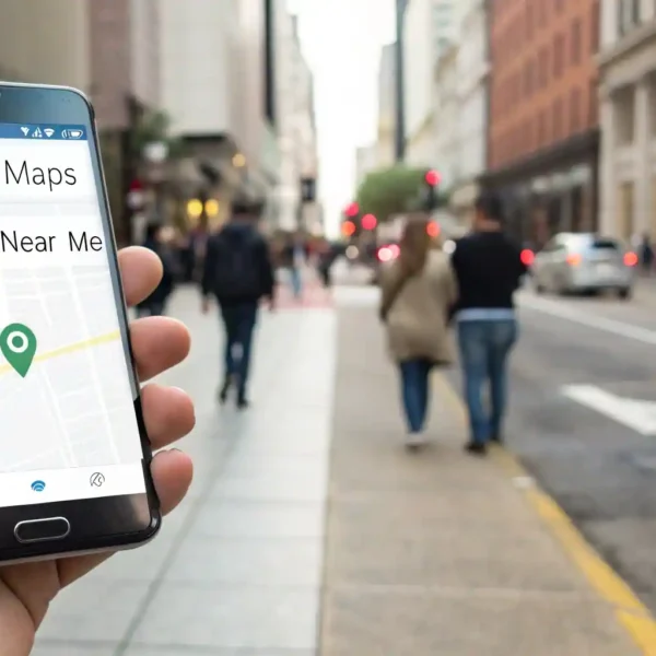 Un teléfono móvil mostrando la nueva Experiencia Generativa de SGE de Google respondiendo a una búsqueda local de una PYME.