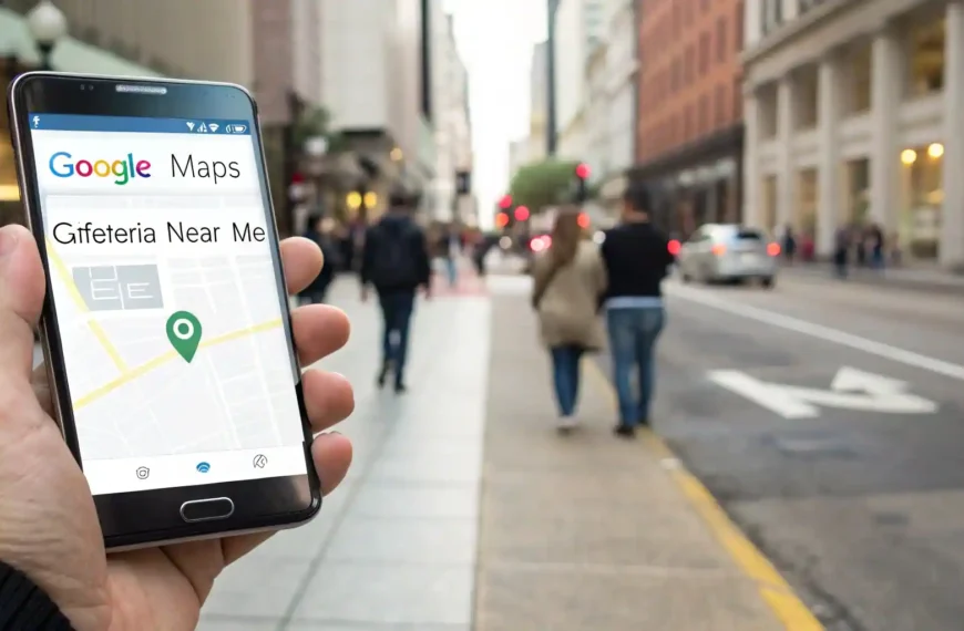 Un teléfono móvil mostrando la nueva Experiencia Generativa de SGE de Google respondiendo a una búsqueda local de una PYME.